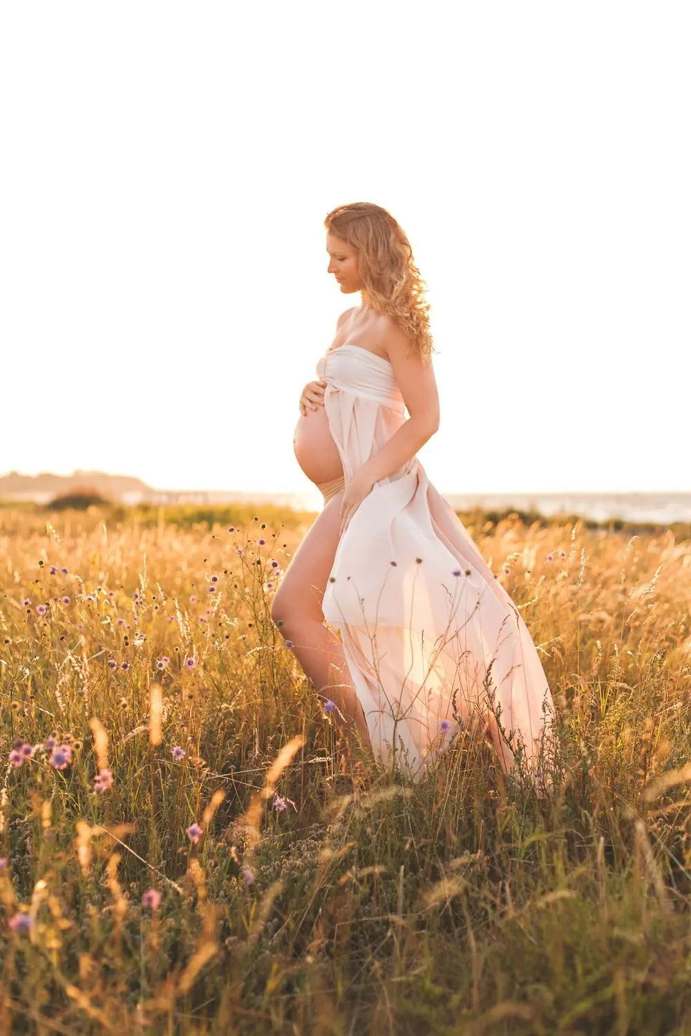 Pregnant woman in a field at sunset